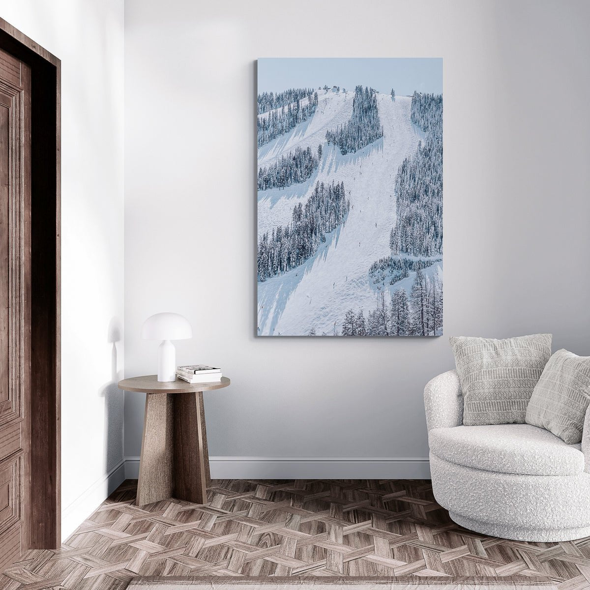 In home , Door Number 3, Sun Valley, Idaho captures a crisp, frosted ski slope perfect for your upscale ski retreat.