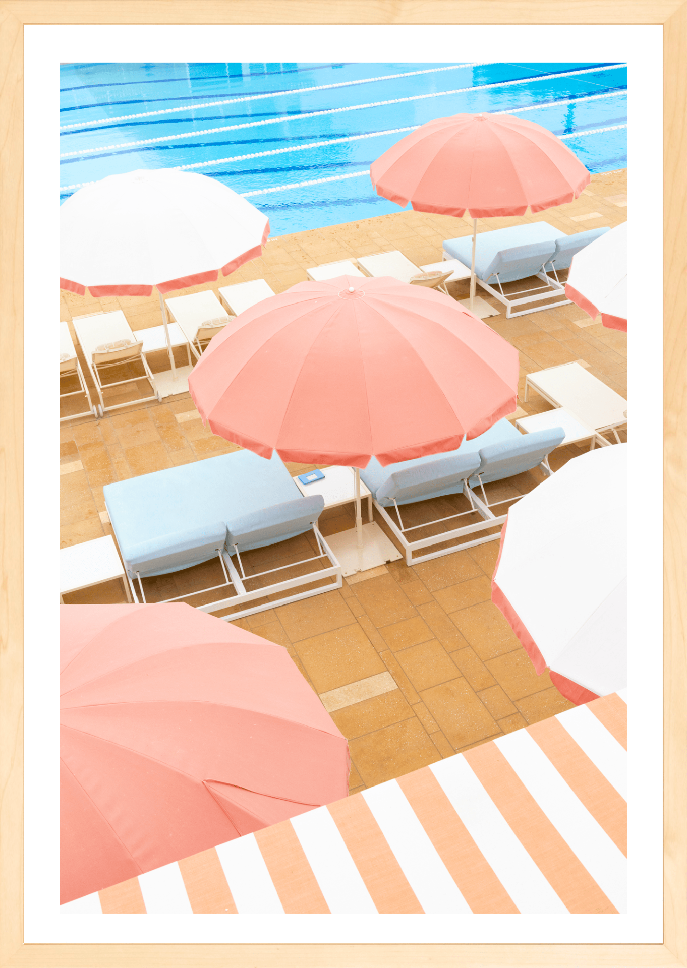 Infamous Coral Casino beach club with vintage umbrellas. A retro-chic fine art photograph by Jules Frazier,natural frame.
