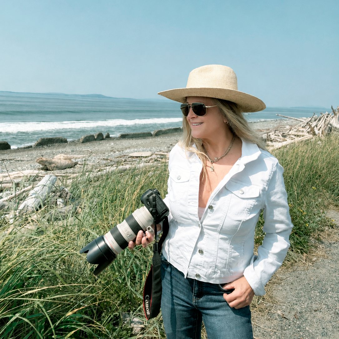 Jules Frazier standing on a beach path wearing a wide-brimmed straw hat, sunglasses, a white denim shirt, and blue jeans, holding a DSLR camera with a long lens. The background shows ocean waves, driftwood, and tall grass under a clear blue sky.