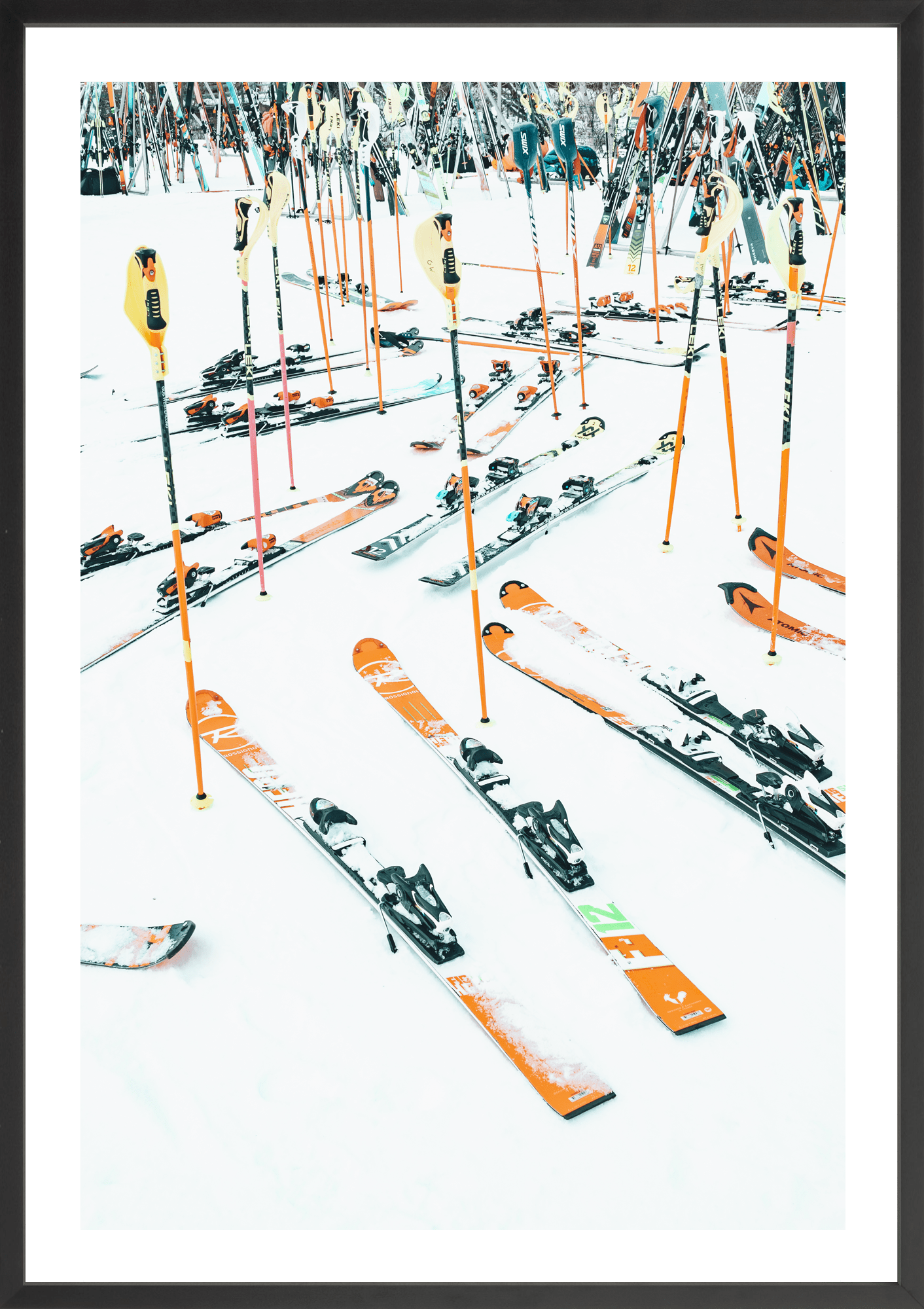 Abstract ski art, sleek modern chic vibes. Large scale prints great for modern interiors. Black frame.