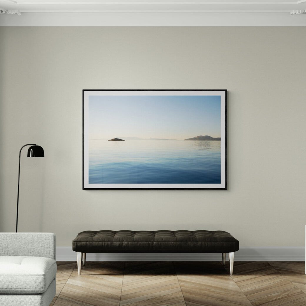 Framed above a bench in a living room, North to Canada, featured , a beautiful fine art print for your home.