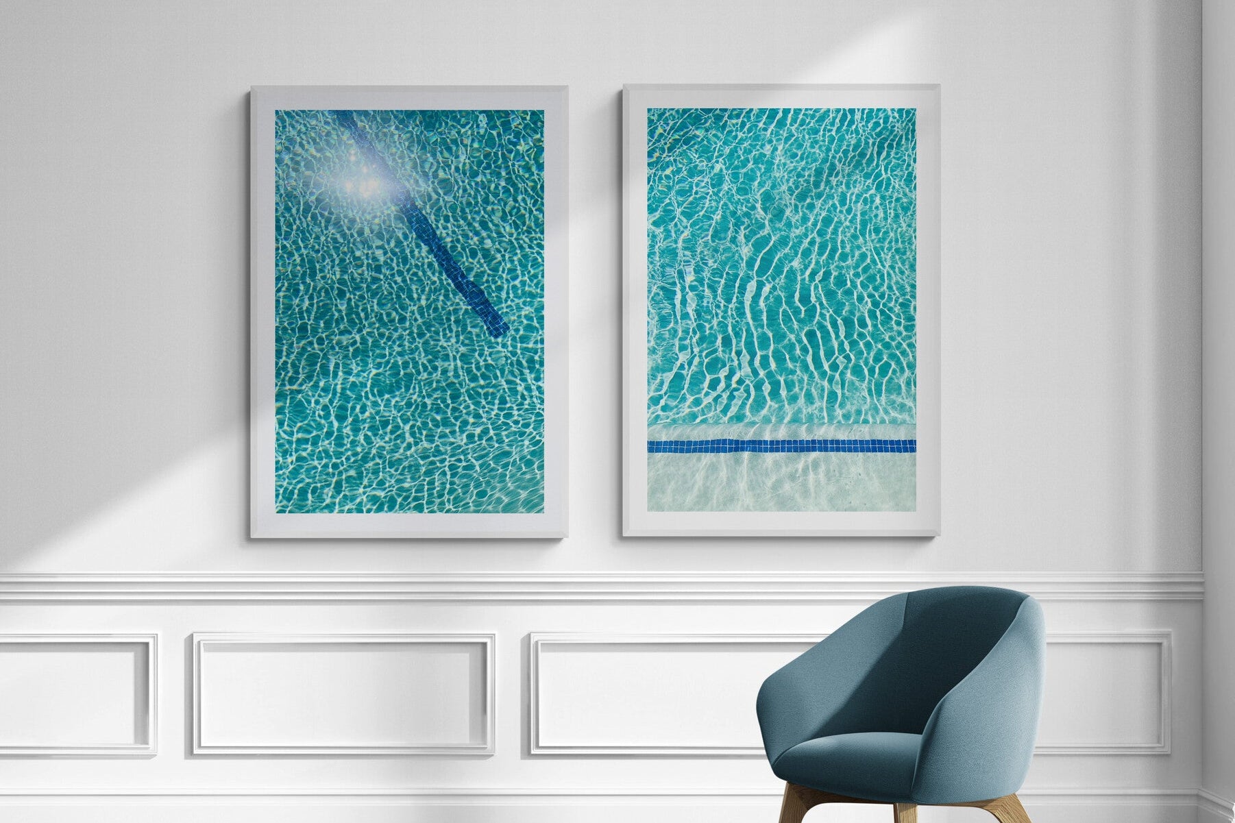 Pool series on white wall, blue chair