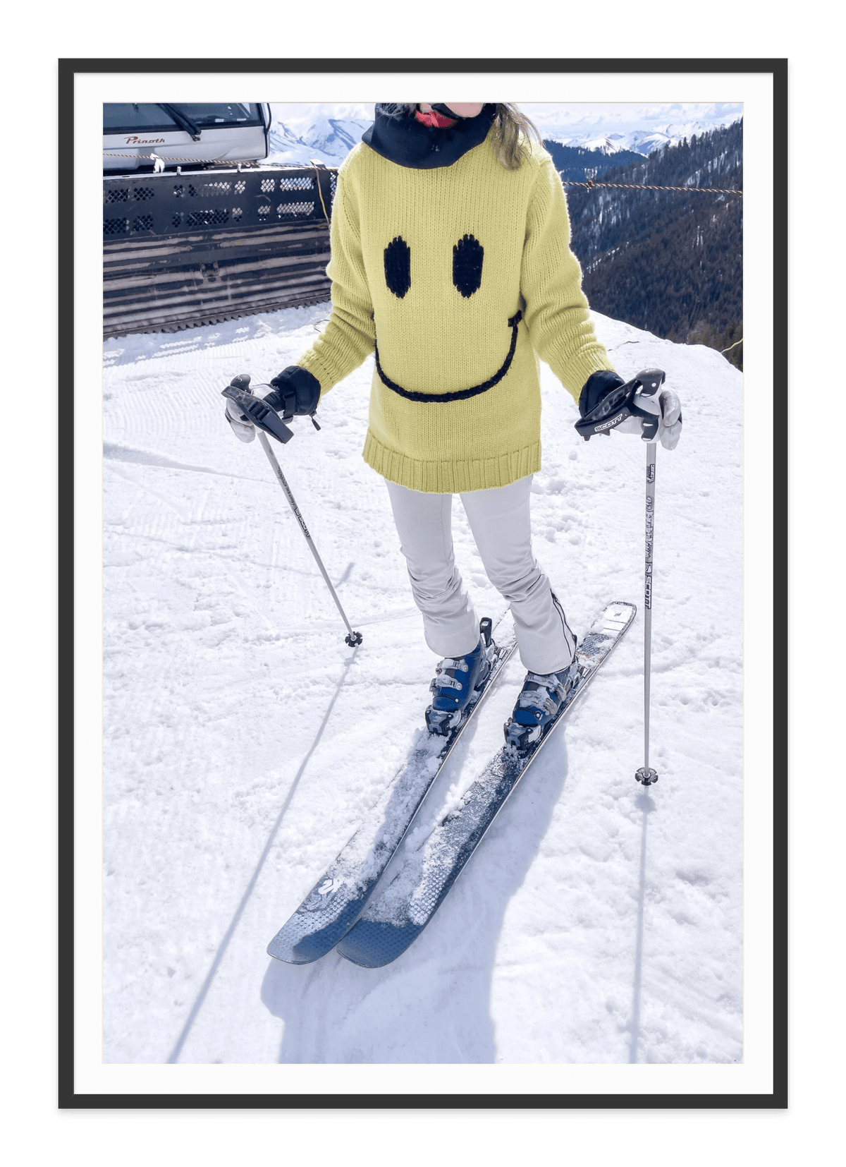 Ski Happy Baby, Sun Valley, Idaho fine art print in a black frame with white mat, by Jules Frazier.