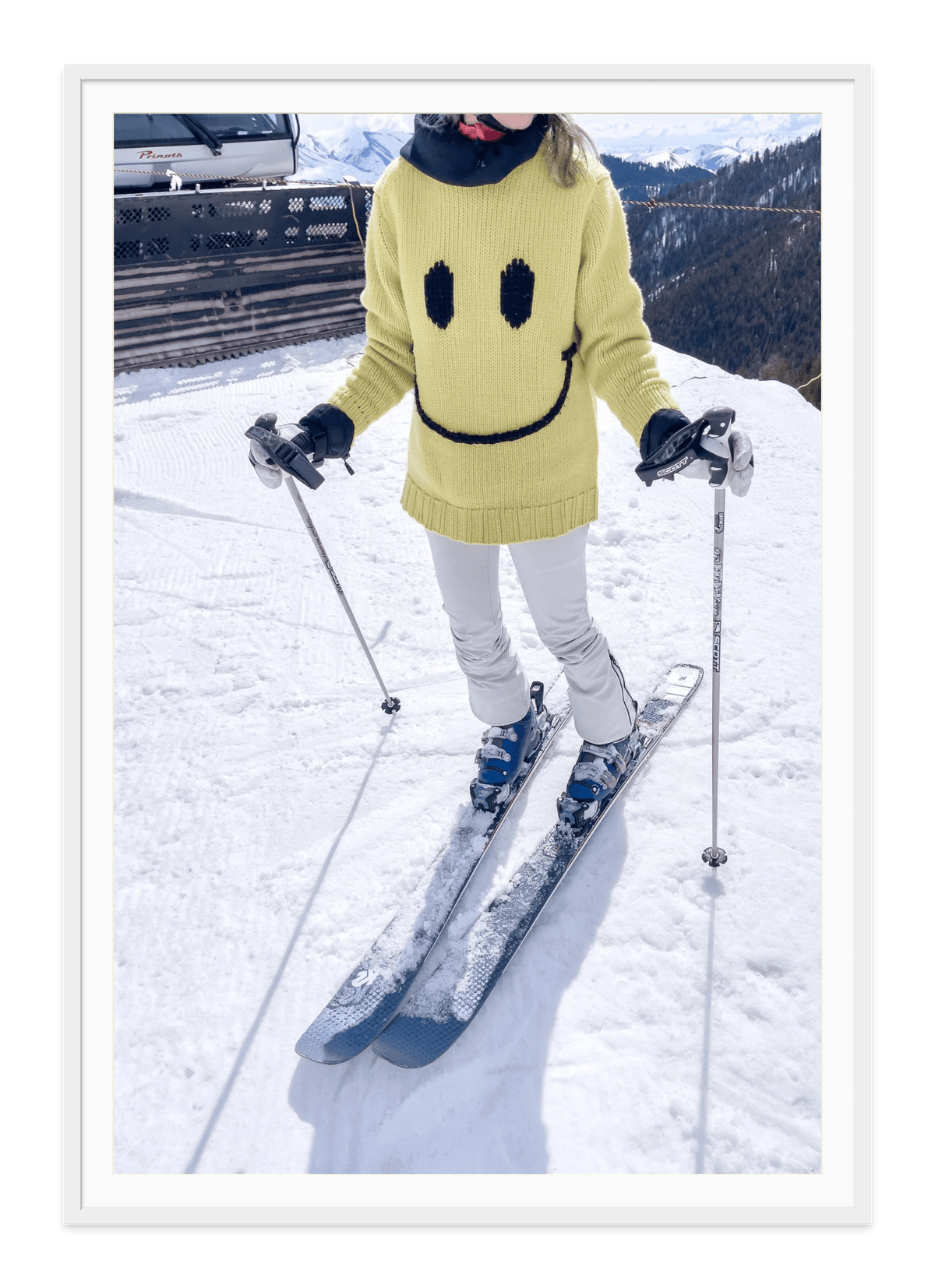 Ski Happy Baby, Sun Valley, Idaho fine art print in a white frame with white mat, by Jules Frazier.