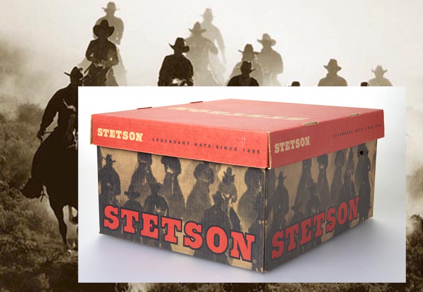 Iconic stetson Hat Box with Jules Frazier's Wrangler image on box