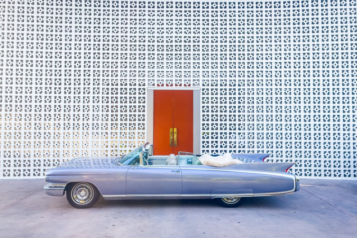 Cadillac Love, a retro art print of a vintage Cadillac in Palm Springs.  Mid century modern vibes by Jules Frazier.