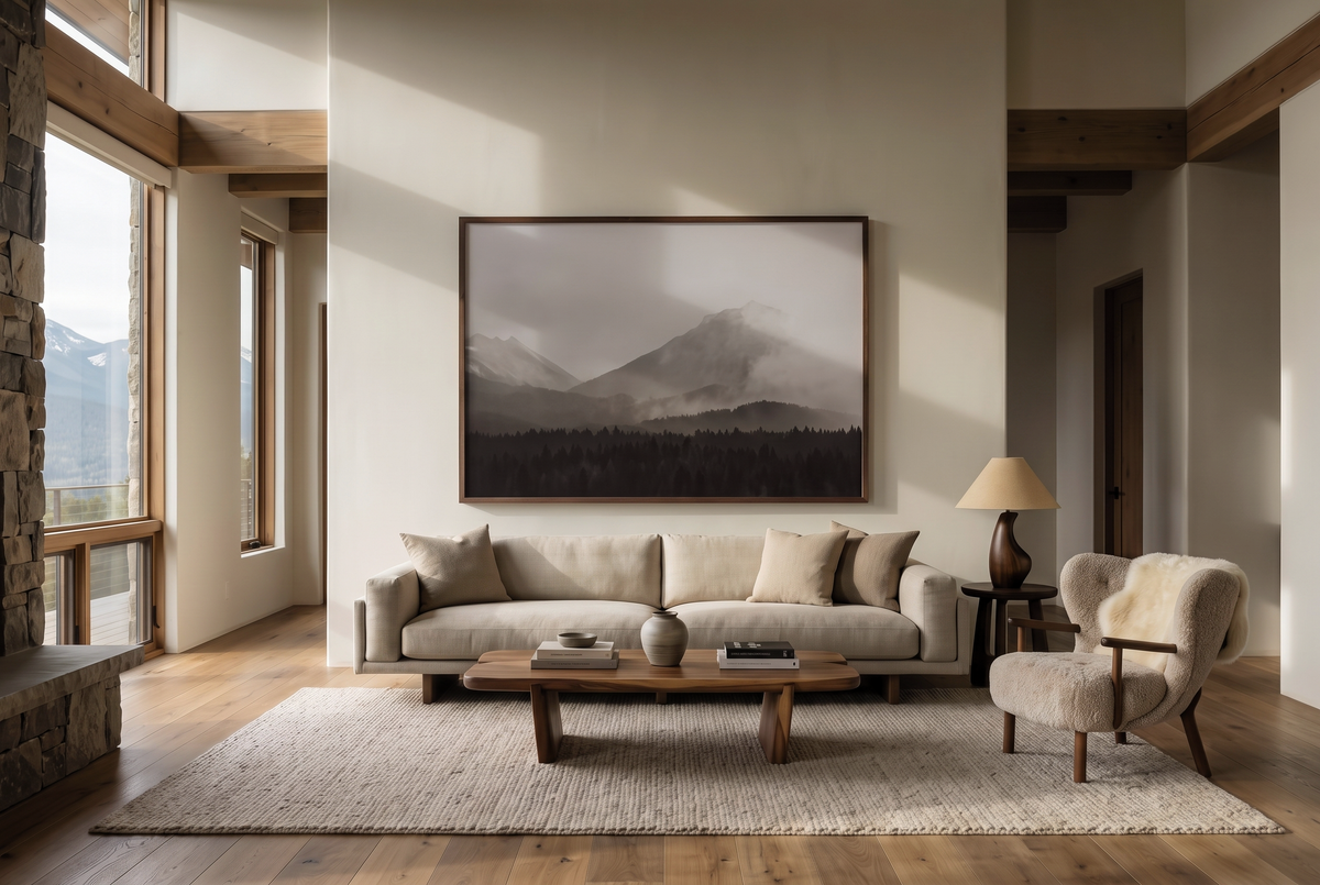 West to Tumblecreek fine art print in a dark wood frame above a sofa in a living room, by Jules Frazier