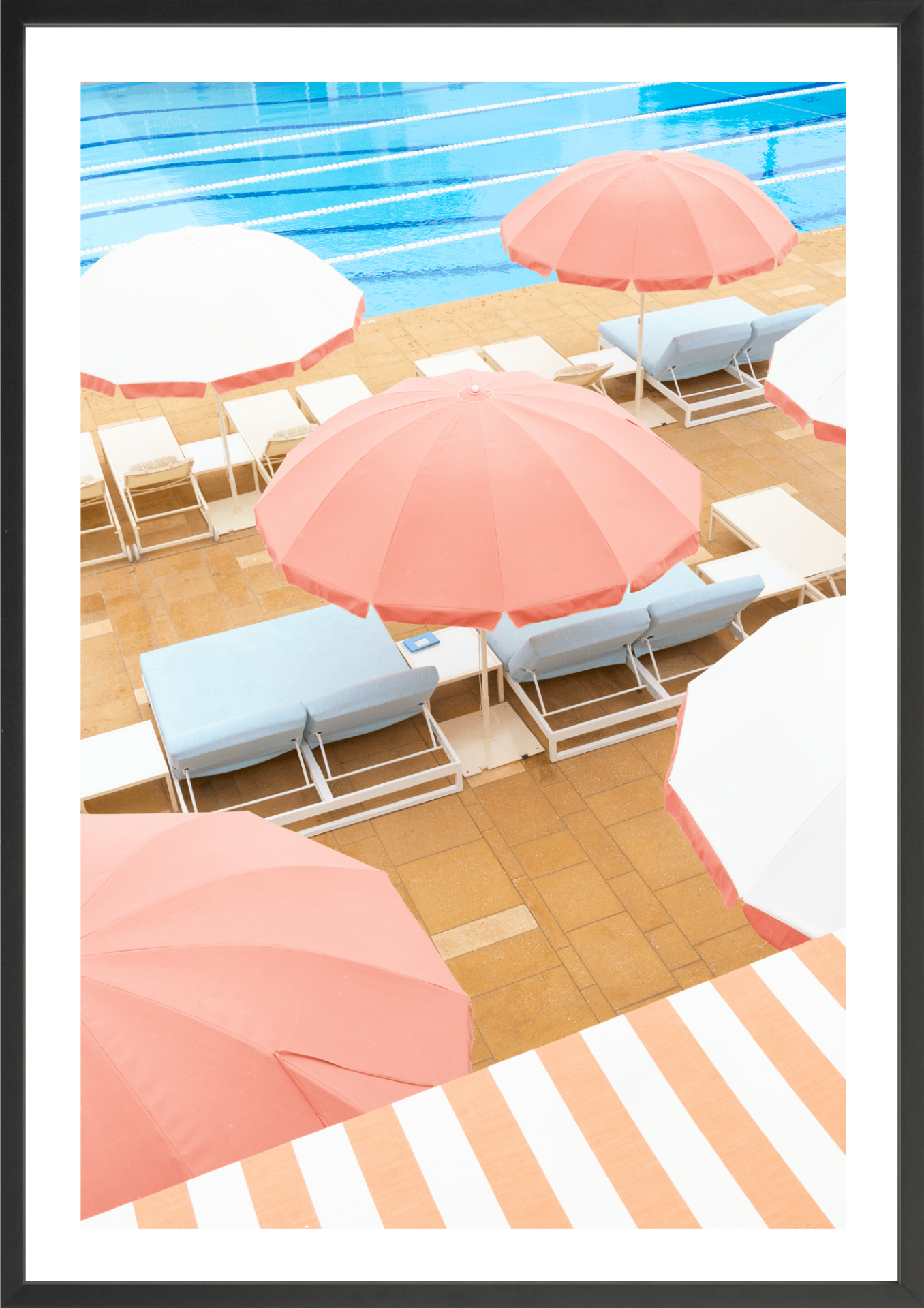 Infamous Coral Casino beach club with vintage umbrellas. A retro-chic fine art photograph by Jules Frazier, black frame.