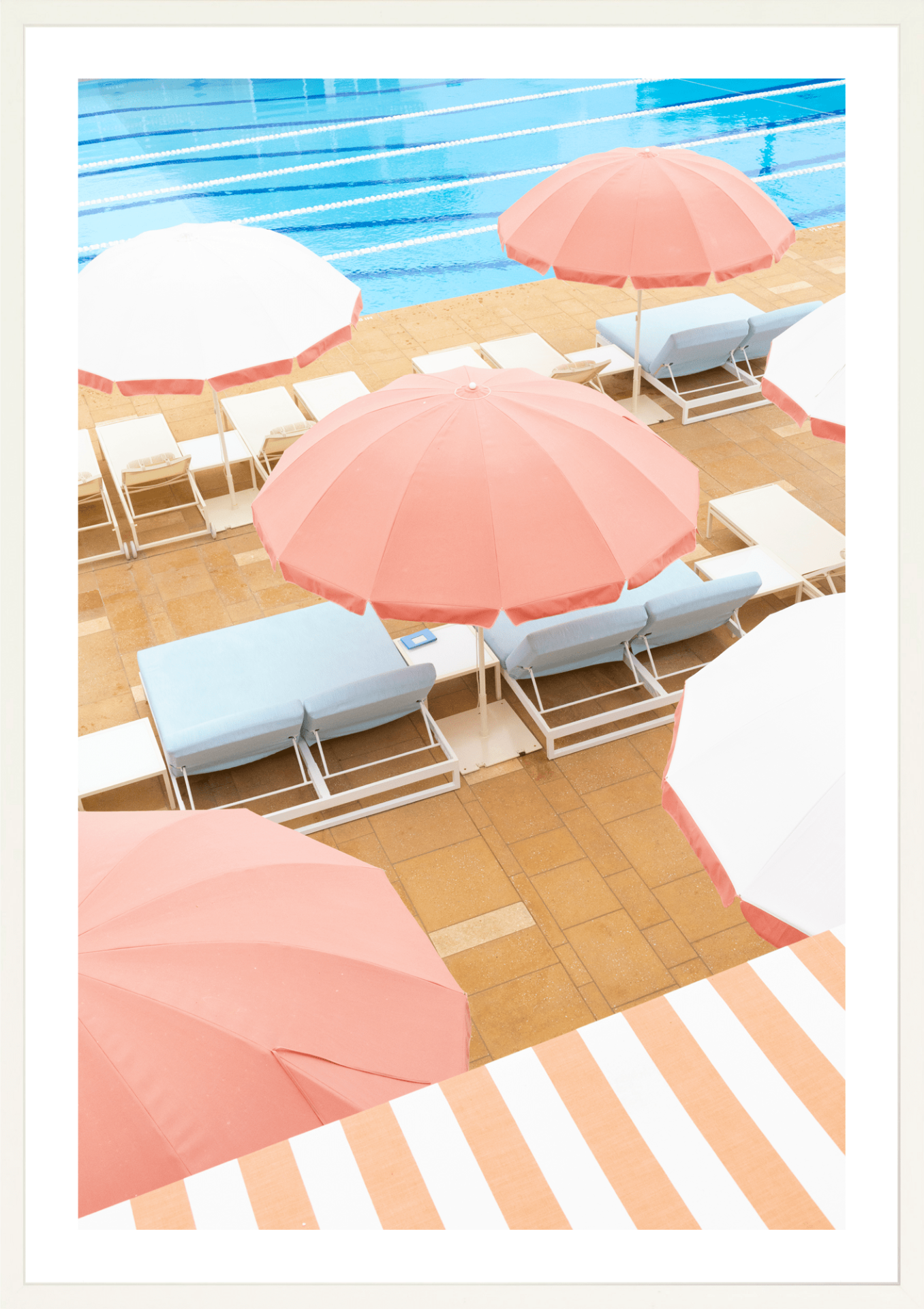 Infamous Coral Casino beach club with vintage umbrellas. A retro-chic fine art photograph by Jules Frazier, white frame.