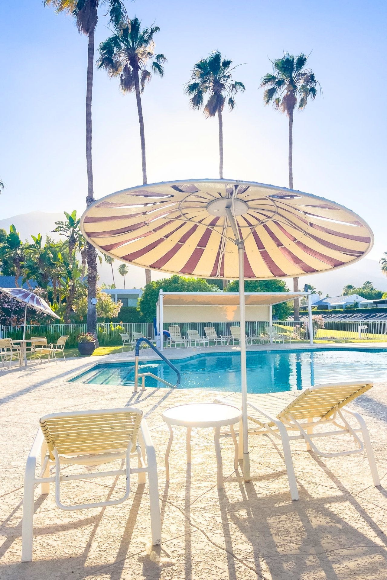 Pool area with lounge chairs, table, and striped umbrella under palm trees.