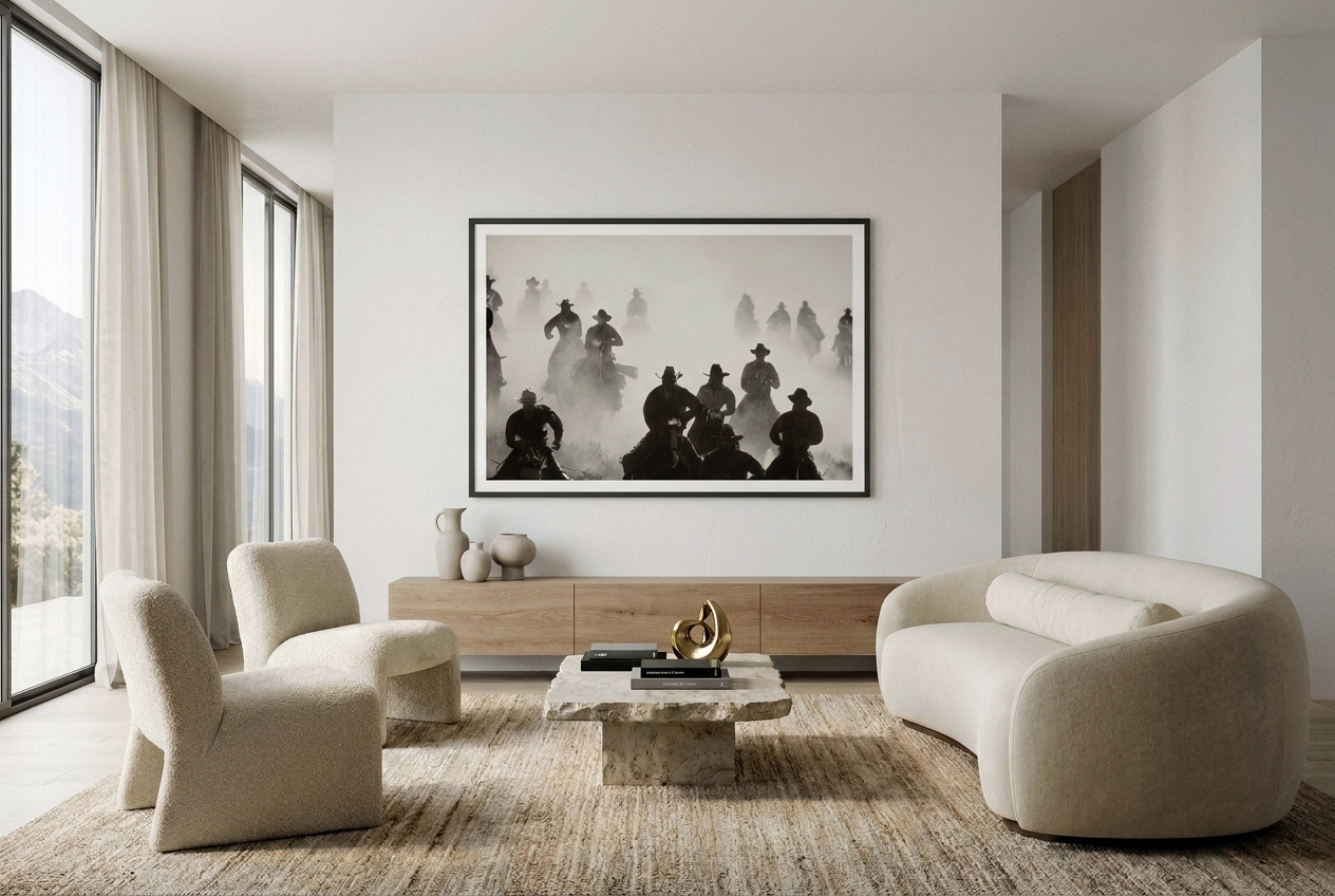 Modern living room with beige sofa, armchair, and coffee table with a framed black and white artwork on the wall.