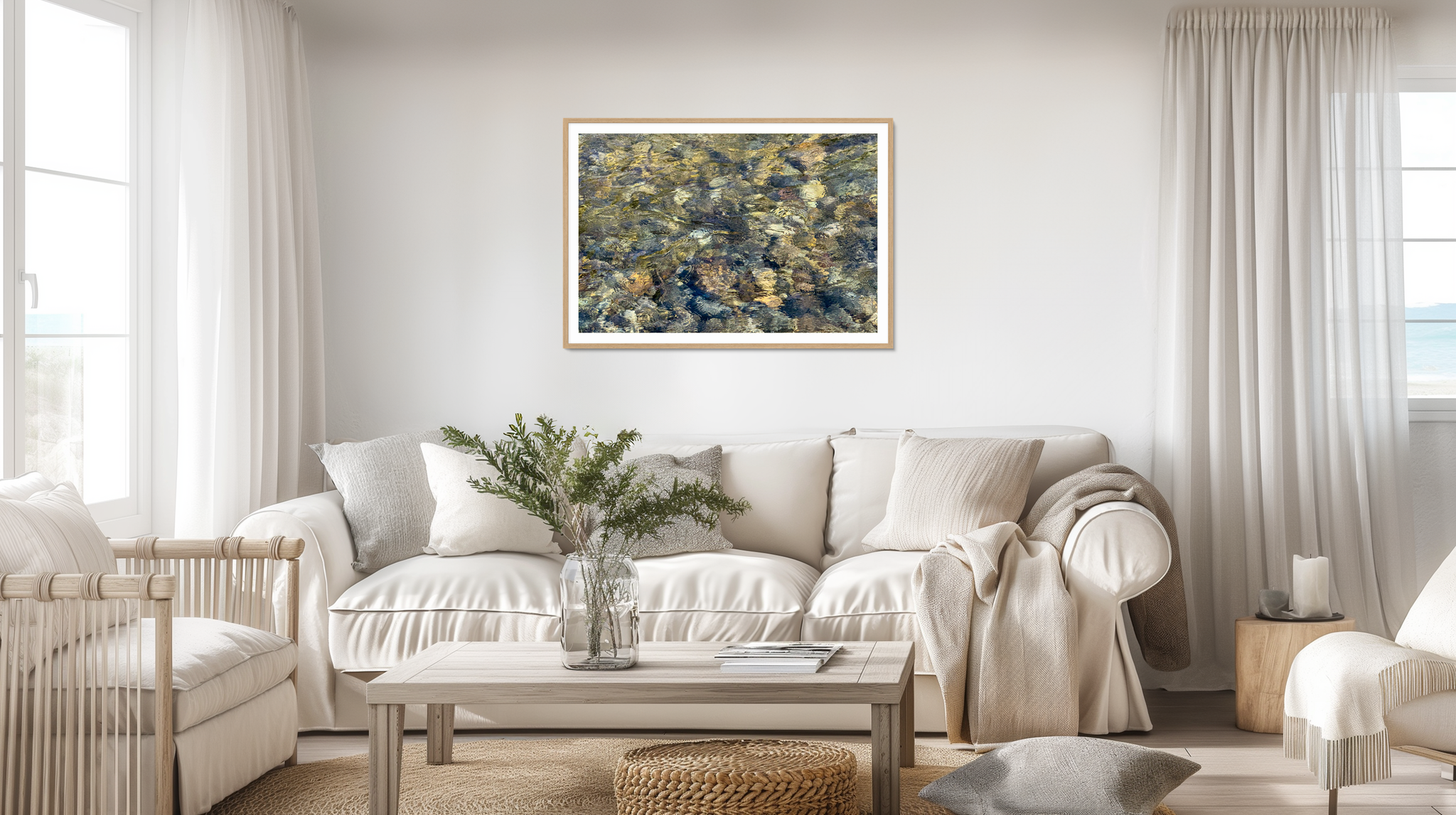 River Rock Clarity_fine art framed print_by Jules Frazier_Living room with a white sofa, coffee table, and abstract painting on the wall.