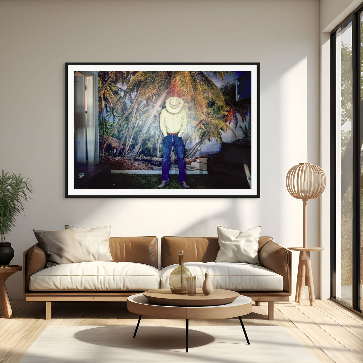 Aloha Cowboy, Jack Pine Motel, Riverton, Wyoming fine art print in a black frame above a sofa, by Jules Frazier