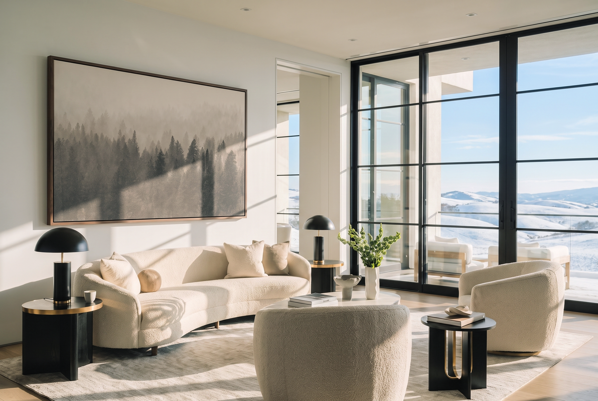 Poetic Snow Fall fine art print in a dark wood frame above a curved sofa in a living room, by Jules Frazier