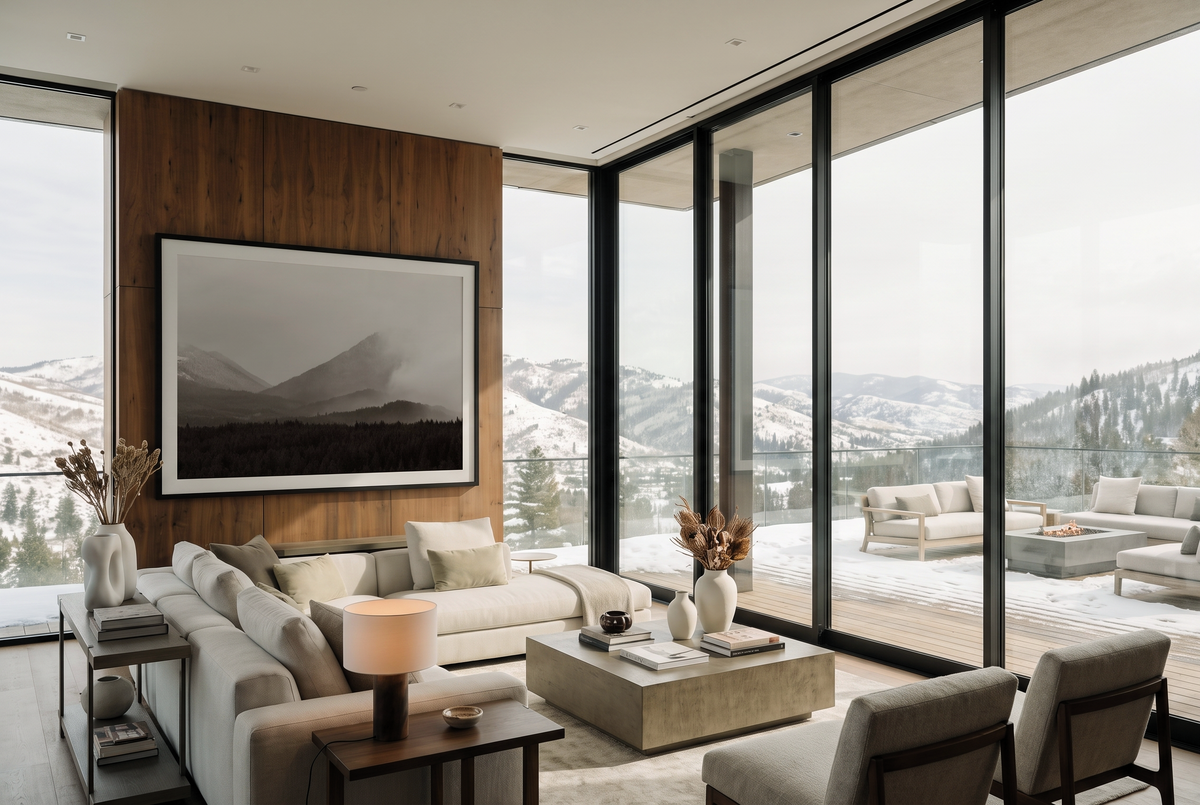 West to Tumblecreek fine art print in a black frame above a sofa in a glass-walled living room, by Jules Frazier